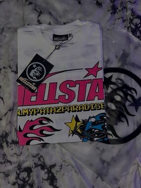 Hellstar ' White Graphic Tee with Pink Logo